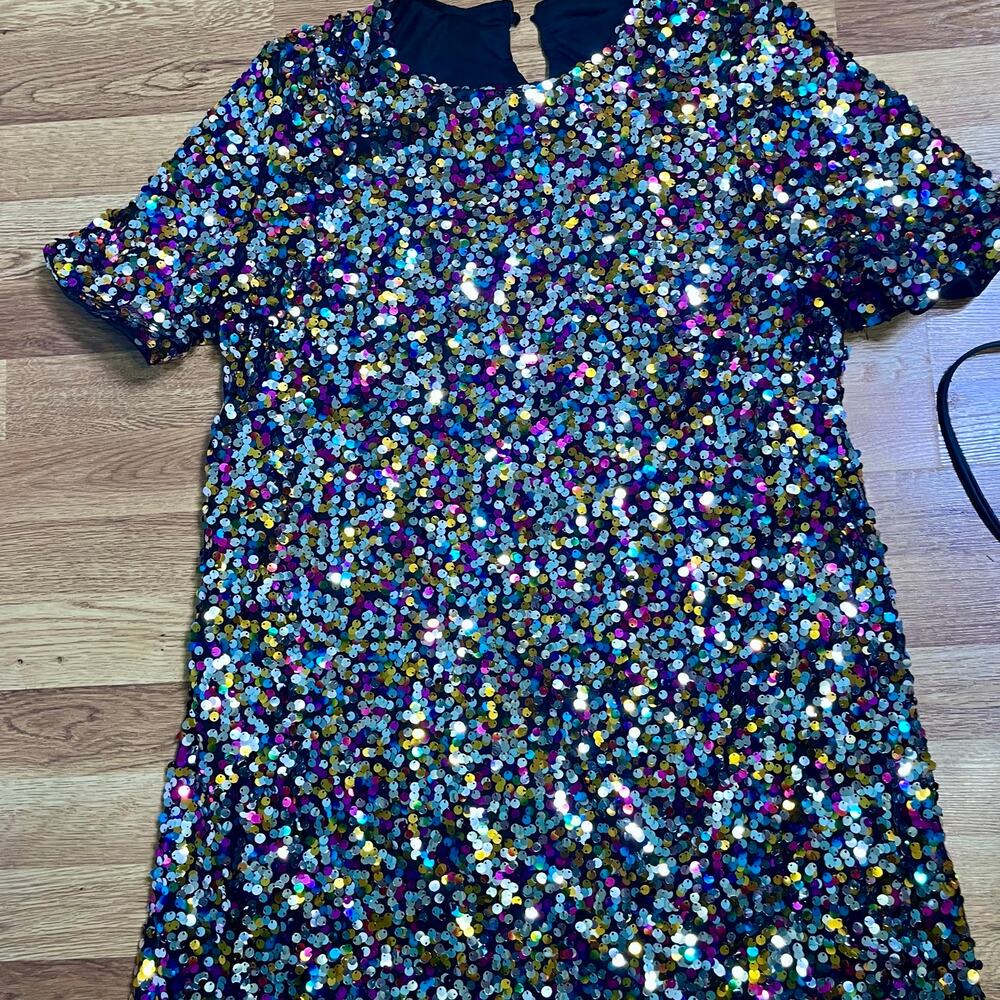 Multicolor Sequin Shift Dress XL Short Sleeve Party Cocktail Holiday Glam - Picture 3 of 5